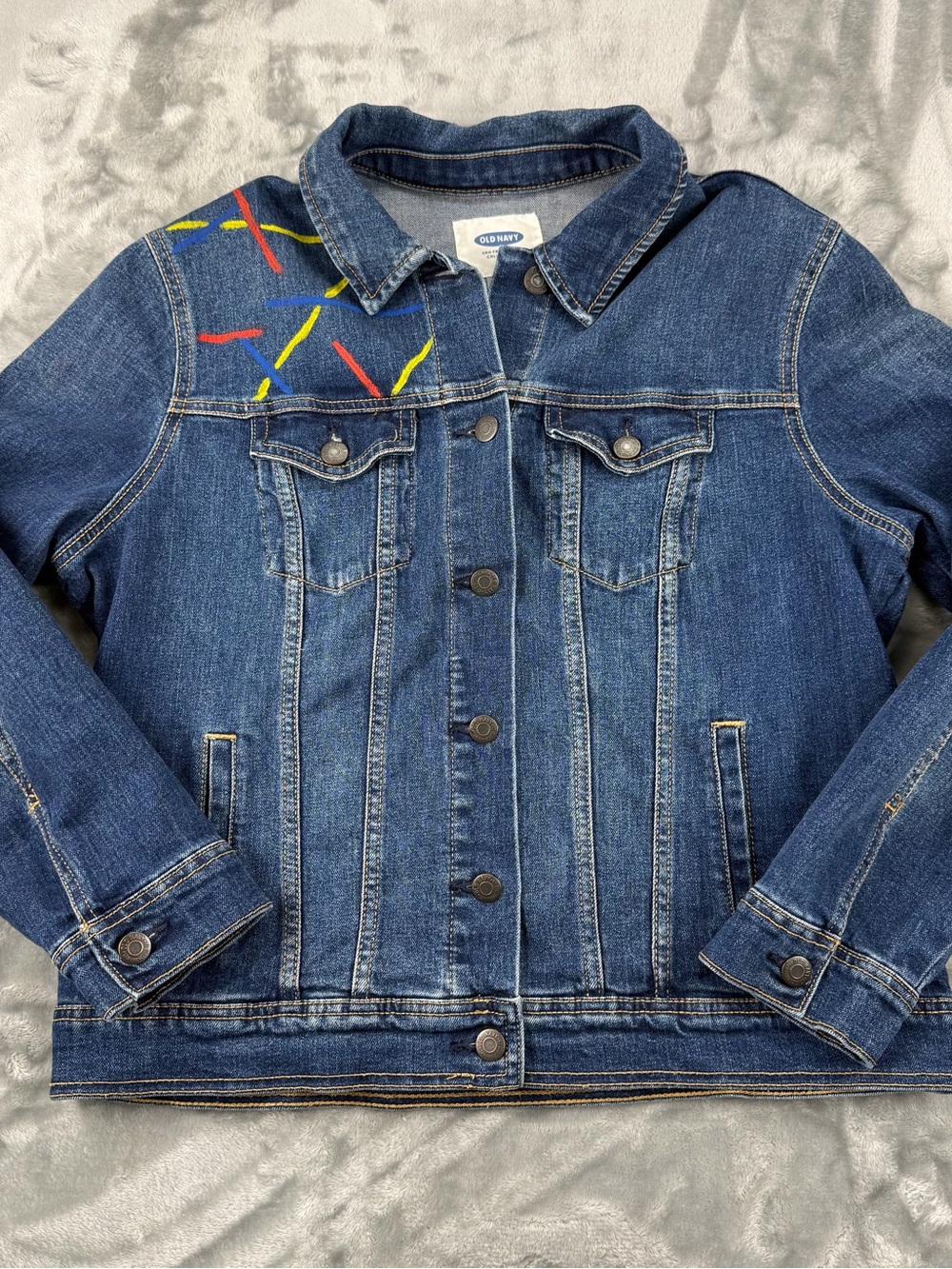 Old Navy Blue Denim Jacket with Red and Yellow Painted Accents